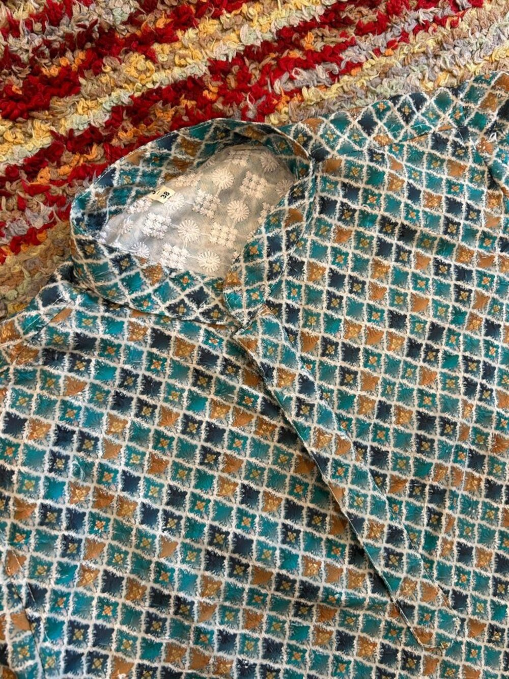 Indian Kurta Blue & Cream Geometric Print Long Sleeve — Size 38, Worn Once